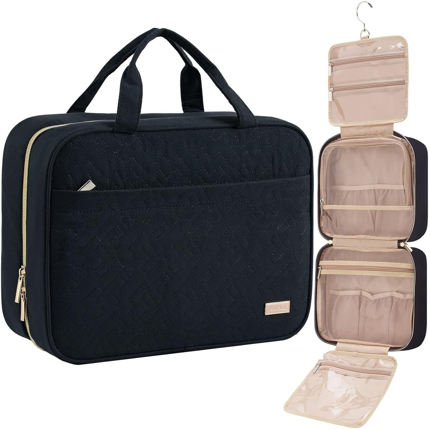 Black Large Capacity Hanging Toiletry Bag for Women(30.5 x 22.5 x 12 cm) - Checked Pattern Waterproof Cosmetic Organizer, Dry/Wet Separation & Multi-Compartment