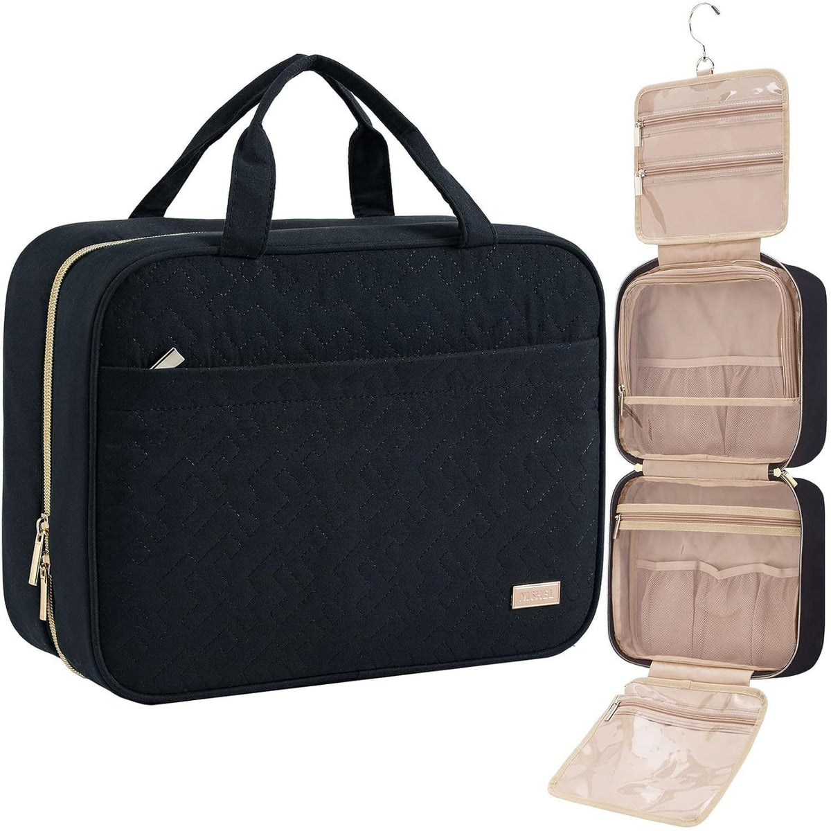 Black Large Capacity Hanging Toiletry Bag for Women(30.5 x 22.5 x 12 cm) - Checked Pattern Waterproof Cosmetic Organizer, Dry/Wet Separation & Multi-Compartment