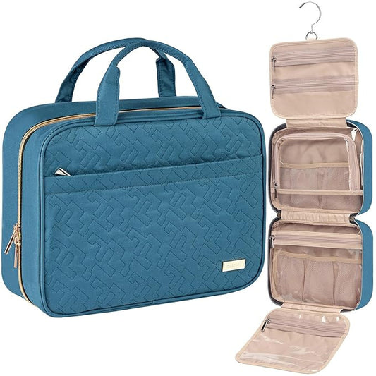 Light Blue Large Capacity Hanging Toiletry Bag for Women(30.5 x 22.5 x 12 cm) - Checked Pattern Waterproof Cosmetic Organizer, Dry/Wet Separation & Multi-Compartment