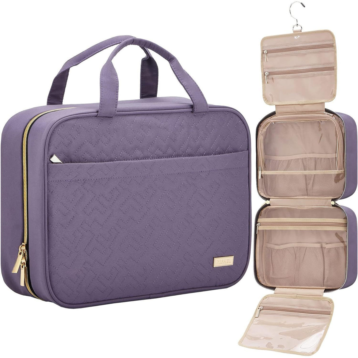 Purple Large Capacity Hanging Toiletry Bag for Women(30.5 x 22.5 x 12 cm) - Checked Pattern Waterproof Cosmetic Organizer, Dry/Wet Separation & Multi-Compartment