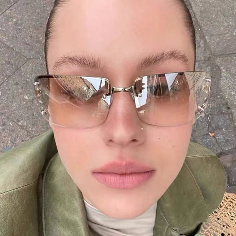 Y2K Rimless Butterfly UV400 Sunglasses for Women(Gold/Brown Gradient) - Bling Rhinestone Square Frameless, Sweet & Cool Fashion