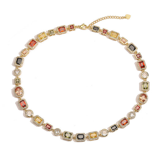 Gold Vintage Light Luxury Geometric Colorful Gemstone Choker Necklace (L: 45-50CM) - High-End Palace Style