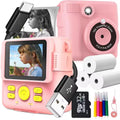 Pink ABS-681 Portable Kids Mini Digital Polaroid with 32GB Card,  3 Rolls Printing Paper & 6 Color Pens - Instant Print Thermal Photo Printer for DIY Fun