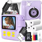 Purple ABS-681 Portable Kids Mini Digital Polaroid with 32GB Card,  3 Rolls Printing Paper & 6 Color Pens - Instant Print Thermal Photo Printer for DIY Fun