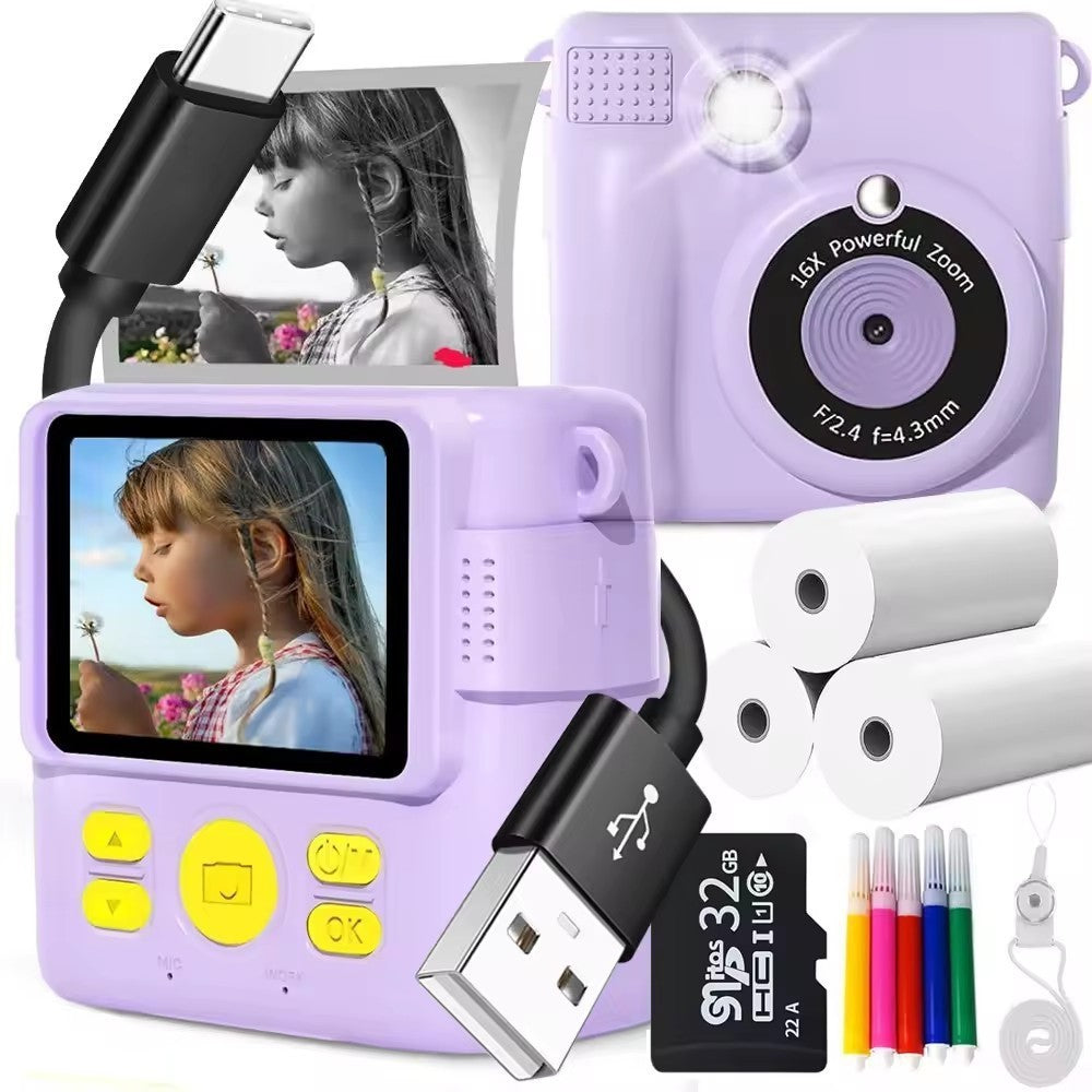 Purple ABS-681 Portable Kids Mini Digital Polaroid with 32GB Card,  3 Rolls Printing Paper & 6 Color Pens - Instant Print Thermal Photo Printer for DIY Fun