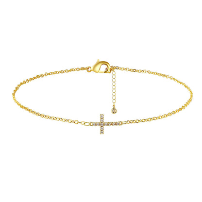 2-Pack Gold Plated Micro-Paved CZ Mini Cross Bracelet - Dainty Adjustable O-Chain Wrist Jewelry(16-21CM)