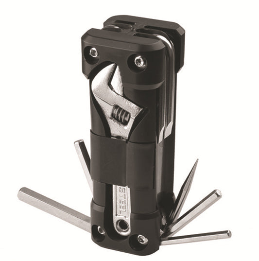 Black Compact 16-in-1 Bicycle & Motorcycle Repair Multi-Tool with Adjustable Wrench & Socket Set