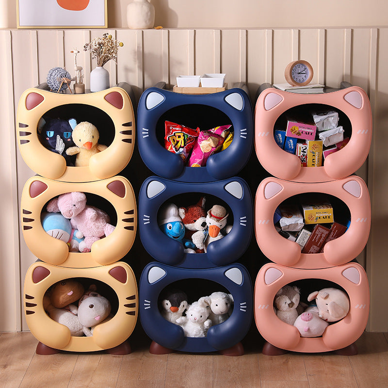 Blue Cute Cat-Themed Stackable Storage Bin - Multi-purpose Pet Bed & Toy Organizer