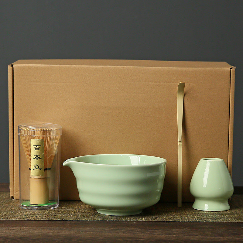 Green Complete Matcha Tea Ceremony Set - 4-Piece Japanese Traditional Whisk, Bowl, Whisk Holder & Scoop for Authentic Preparation at Home