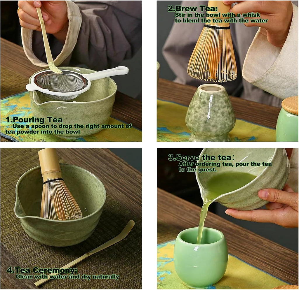 Green Complete Matcha Tea Ceremony Set - 4-Piece Japanese Traditional Whisk, Bowl, Whisk Holder & Scoop for Authentic Preparation at Home