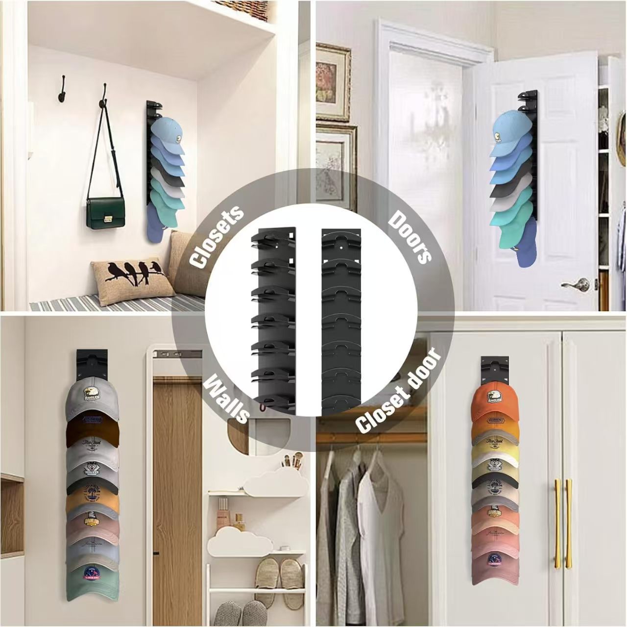 Black Hat Organizer for Baseball Caps - Multi-Layer Wall Mounted Cap Rack for Space-Saving Storage