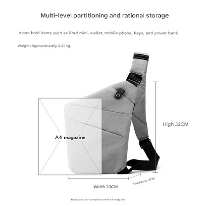 Grey Anti-theft Crossbody Sling Bag for Men & Women - Slim, Lightweight Chest Shoulder Pack for Travel & Daily Commute