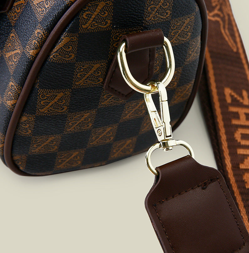 Brown checkered pattern Stylish PU Leather Boston Bag - Elegant Retro Single Shoulder Crossbody Handbag for Women