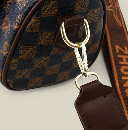 Brown checkered pattern Stylish PU Leather Boston Bag - Elegant Retro Single Shoulder Crossbody Handbag for Women