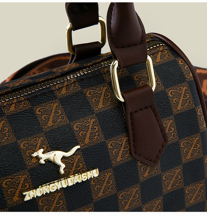 Khaki checkered pattern Stylish PU Leather Boston Bag - Elegant Retro Single Shoulder Crossbody Handbag for Women
