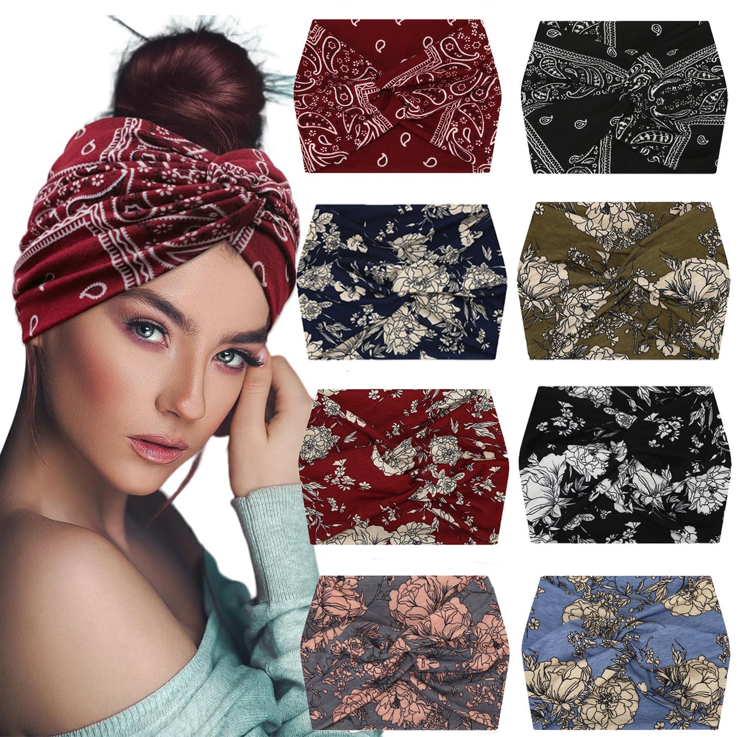 5-PCS Black Women's Extra Wide Turban Headband - Elastic Yoga & Sports Hair Wrap