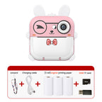 Pink rabbit Kids Instant Print Camera Zero Ink Digital Video Recorder with 32GB Card and 3 Paper Rolls Portable Rechargeable Toy Gift