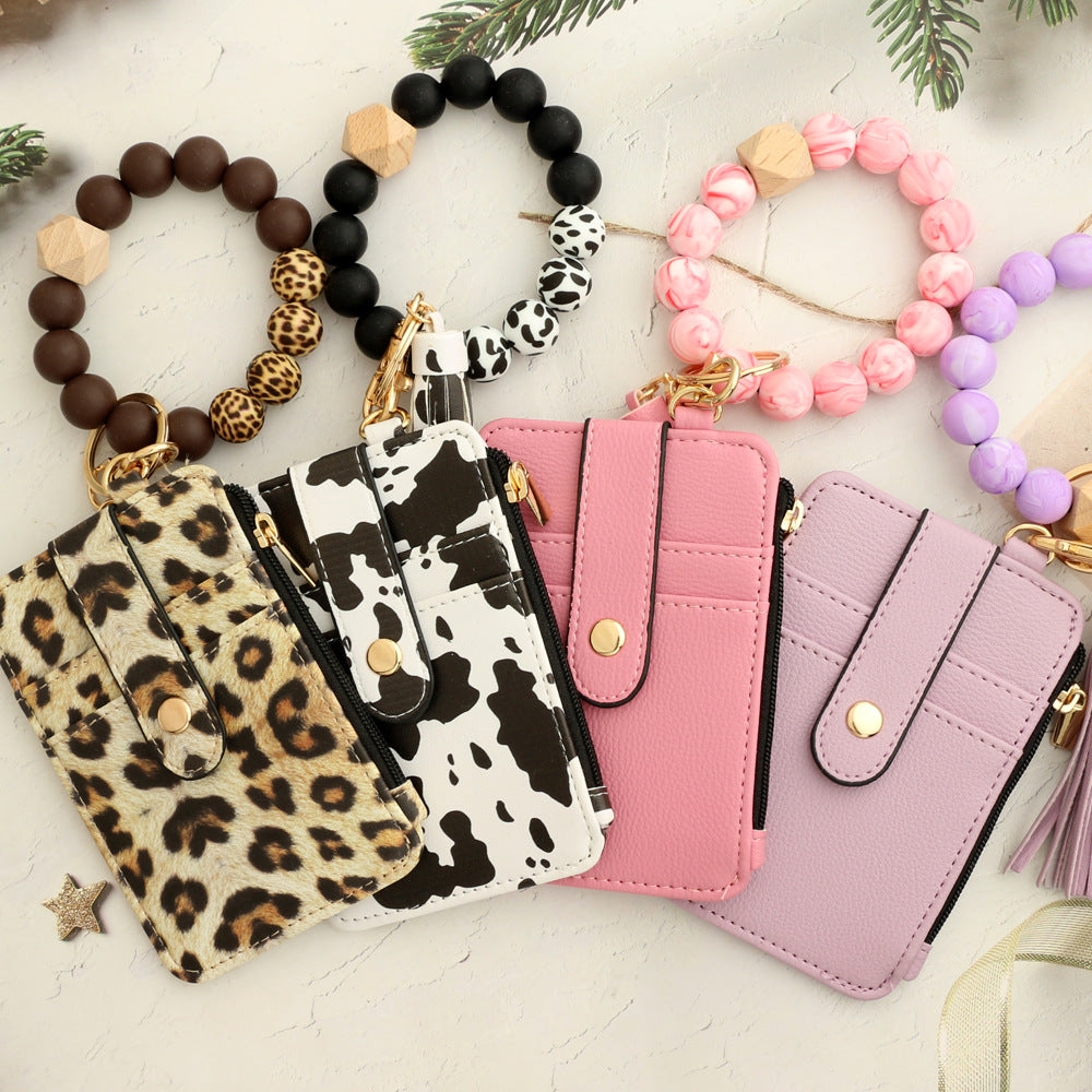2-PCS Pink Silicone Bead Keychain Bracelet Wallet PU Leather ID Card Holder with Tassel Wristlet Bangle for Women