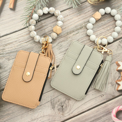2-PCS Purple Silicone Bead Keychain Bracelet Wallet PU Leather ID Card Holder with Tassel Wristlet Bangle for Women