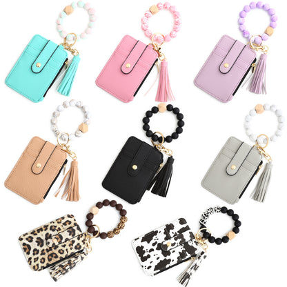 2-PCS Yellow leopard print Silicone Bead Keychain Bracelet Wallet PU Leather ID Card Holder with Tassel Wristlet Bangle for Women