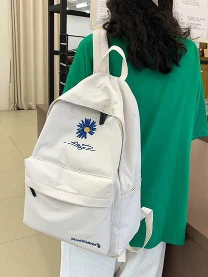Daisy Embroidered Waterproof Backpack School Bag White Nylon Laptop Daypack for High School Uni and Travel