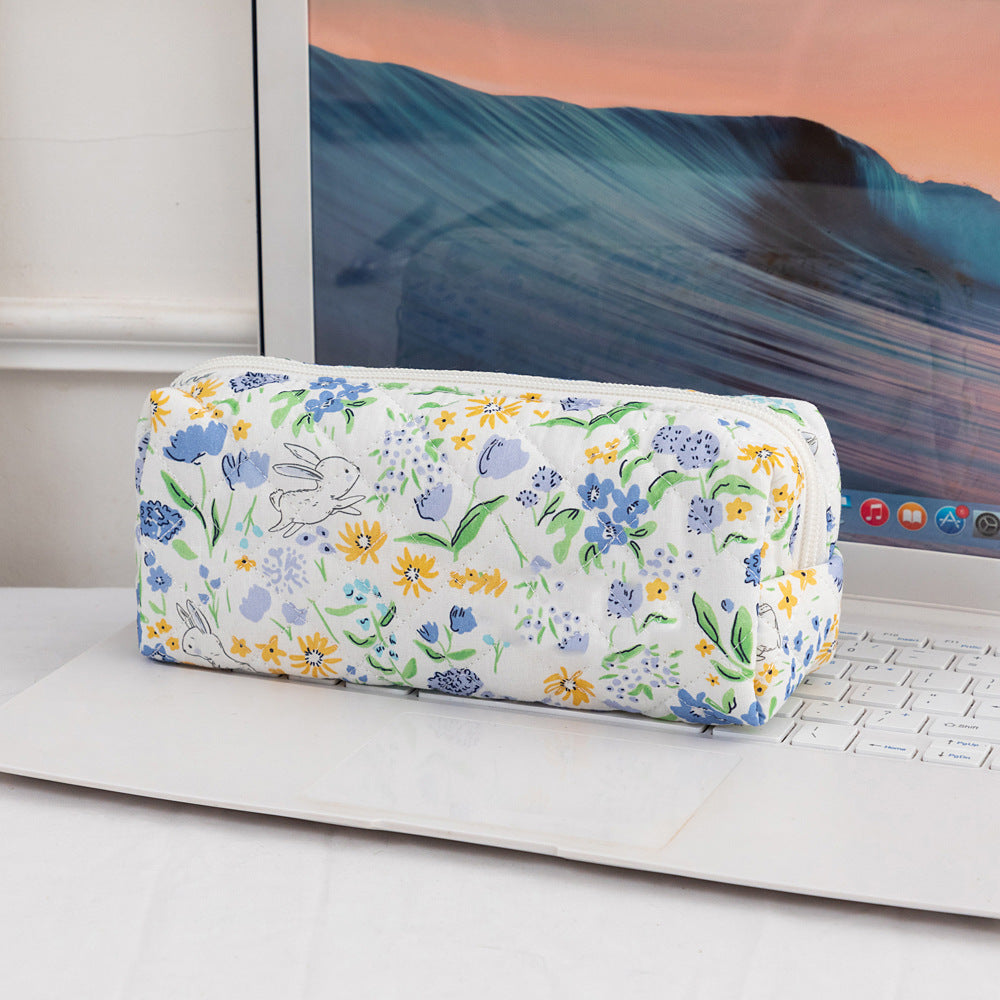 3SET Quilted Floral Makeup Bag Collection Cute Rabbit Pattern Cosmetic Pouch &Travel Toiletry Organizer & Pencil Case for School and Home