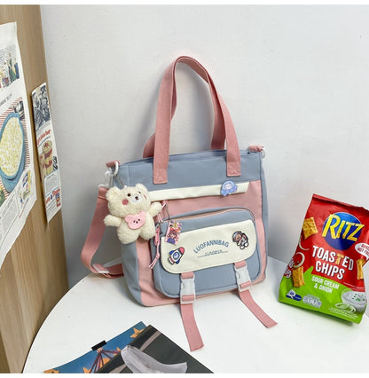 Women's Kawaii Black Shoulder Bag with Cute Bear Plush Charm and 4 Badges Large Capacity Nylon Tote School Handbag