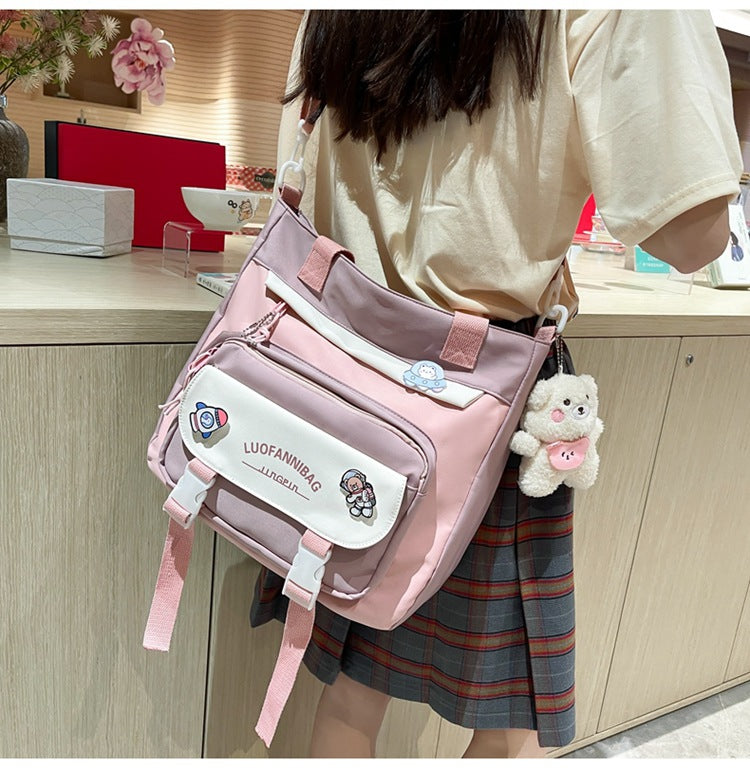 Women's Kawaii Blue Shoulder Bag with Cute Bear Plush Charm and 4 Badges Large Capacity Nylon Tote School Handbag