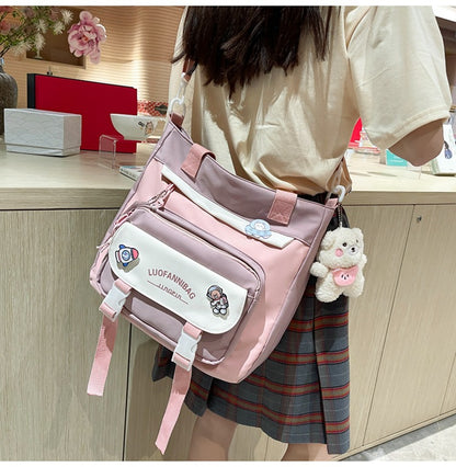 Women's Kawaii Blue Shoulder Bag with Cute Bear Plush Charm and 4 Badges Large Capacity Nylon Tote School Handbag