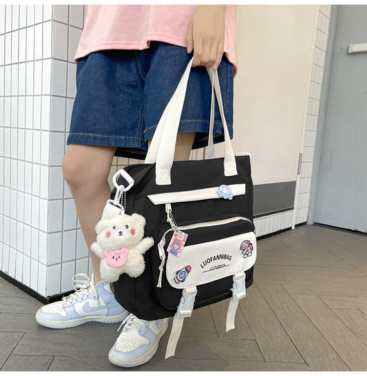 Women's Kawaii Pink Shoulder Bag with Cute Bear Plush Charm and 4 Badges Large Capacity Nylon Tote School Handbag