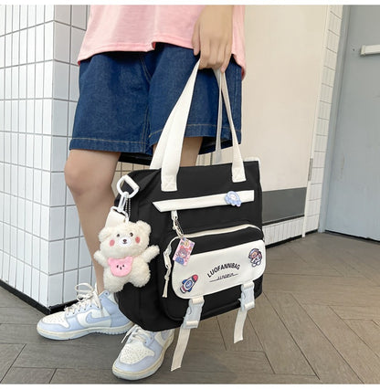 Women's Kawaii Pink Shoulder Bag with Cute Bear Plush Charm and 4 Badges Large Capacity Nylon Tote School Handbag