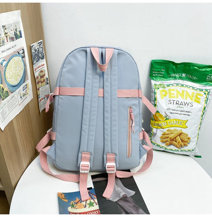 Women's Large Aesthetic School Backpack Black Nylon Daypack with Cute Bear Plushie & Pins For High School and University