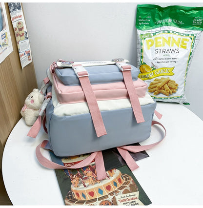 Women's Large Aesthetic School Backpack Black Nylon Daypack with Cute Bear Plushie & Pins For High School and University