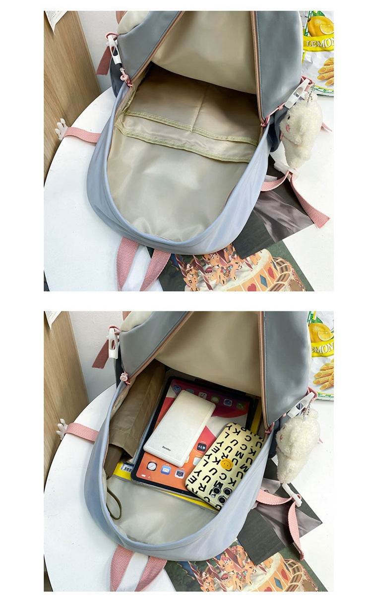 Women's Large Aesthetic School Backpack Black Nylon Daypack with Cute Bear Plushie & Pins For High School and University