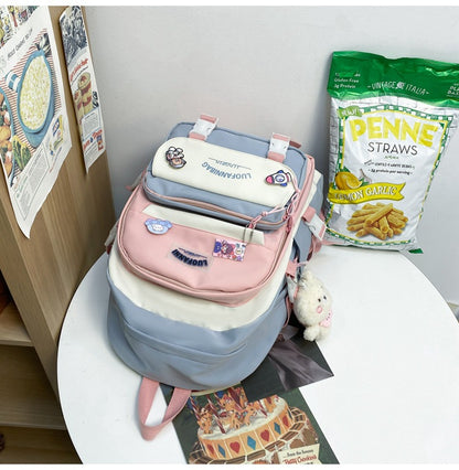 Women's Large Aesthetic School Backpack Pink Nylon Daypack with Cute Bear Plushie & Pins For High School and University