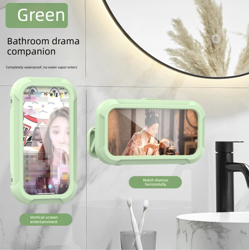 Waterproof Shower Phone Holder Green Wall Mount - 360° Rotating Retractable Anti-Fog Touch Screen Case for Bathroom & Kitchen - Fits Phones up to 6.8 Inch