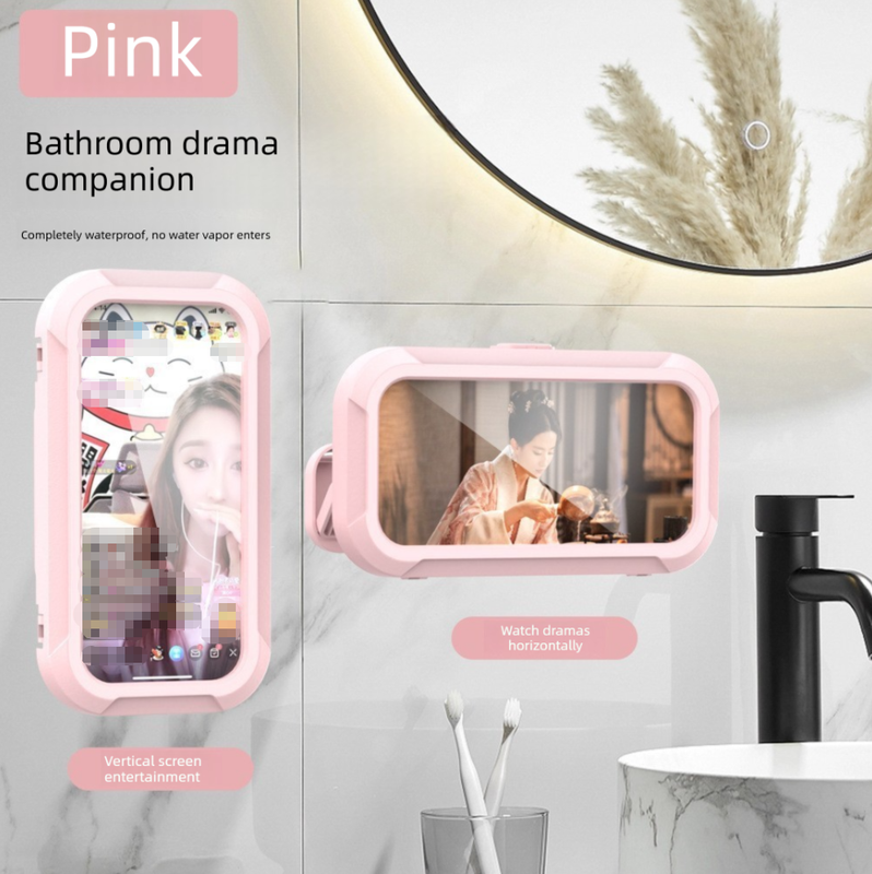 Waterproof Shower Phone Holder Pink Wall Mount - 360° Rotating Retractable Anti-Fog Touch Screen Case for Bathroom & Kitchen - Fits Phones up to 6.8 Inch