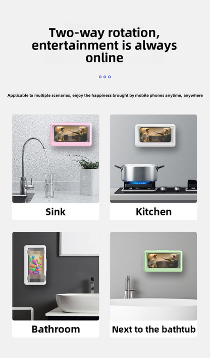 Waterproof Shower Phone Holder Pink Wall Mount - 360° Rotating Retractable Anti-Fog Touch Screen Case for Bathroom & Kitchen - Fits Phones up to 6.8 Inch