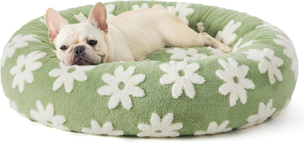 50cm Round Pet Bed Green Daisy Design - Soft Plush Donut Cuddler for Small Dogs & Cats - Calming Anxiety Relief & All-Season Comfort