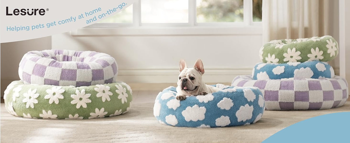 50cm Round Pet Bed Green Daisy Design - Soft Plush Donut Cuddler for Small Dogs & Cats - Calming Anxiety Relief & All-Season Comfort