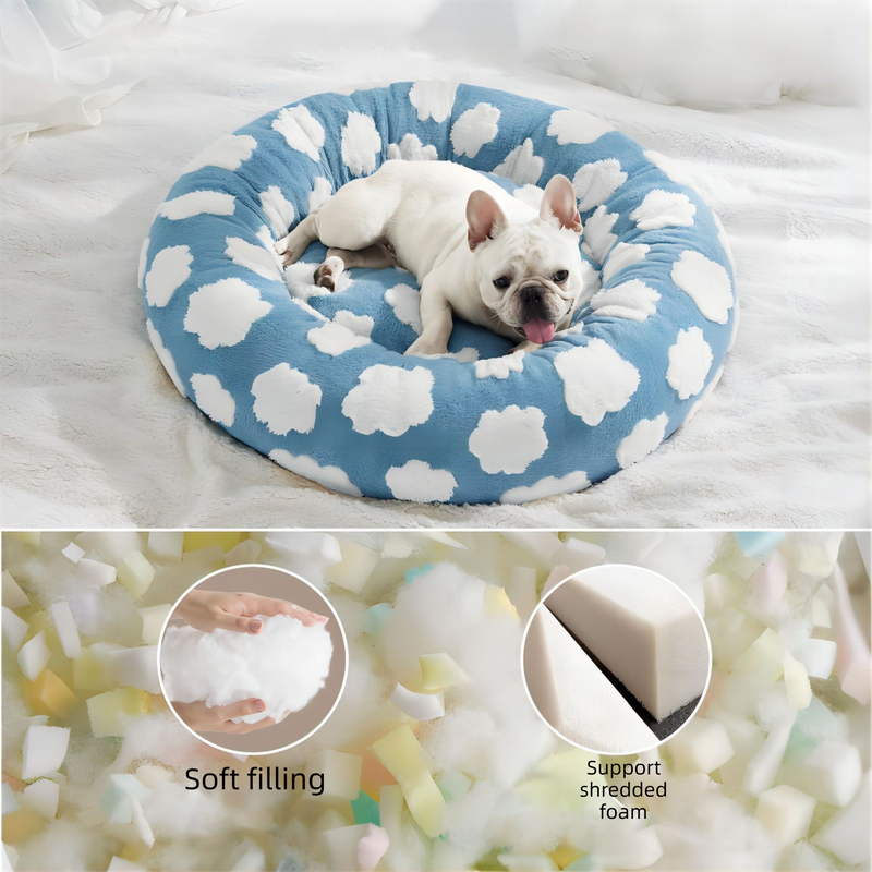 50cm Round Pet Bed Green Daisy Design - Soft Plush Donut Cuddler for Small Dogs & Cats - Calming Anxiety Relief & All-Season Comfort