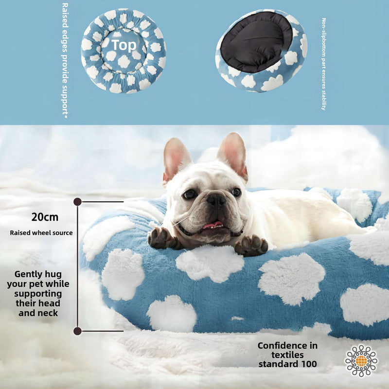 50cm Round Pet Bed Green Daisy Design - Soft Plush Donut Cuddler for Small Dogs & Cats - Calming Anxiety Relief & All-Season Comfort