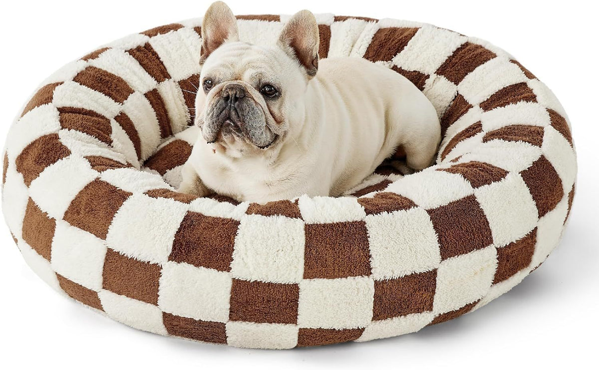 50cm Round Pet Bed Brown & White Checkerboard - Soft Plush Donut Cuddler for Small Dogs & Cats - Calming Anxiety Relief & All-Season Comfort