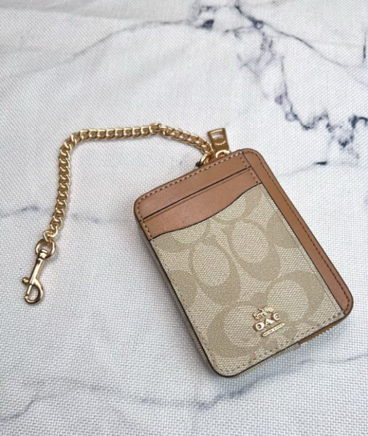 2 Pack Women's Mini Zip Card Holder & Coin Purse with Keychain - Signature Khaki Brown & Brown White - Compact ID Wallet for Commute & Travel