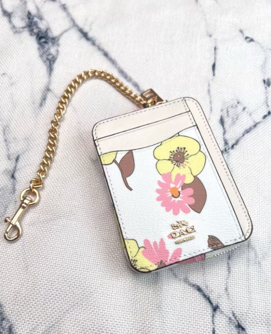 2 Pack Women's Mini Zip Card Holder & Coin Purse with Keychain - White Peach Blossom & Black Electric Heart Print - Compact ID Wallet for Daily Use