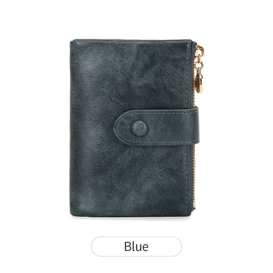 Ladies Compact Wallet Soft Vegan Leather Tri-Fold Purse Double Zipper Coin Pocket with Removable Card Holder High Capacity Multi Slots Blue