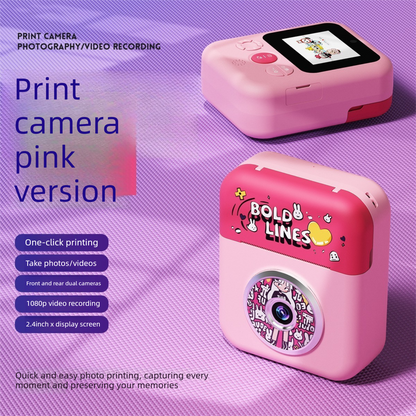 Kids Instant Print Camera with 3 Paper Rolls - Zero Ink Thermal Digital Camera & Video Recorder - 1080P Dual Lens Selfie Toy for Boys & Girls - Pink
