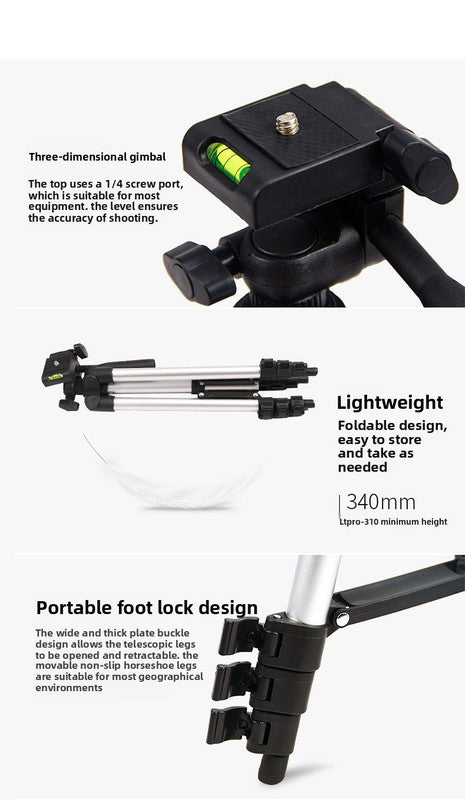 110cm Lightweight Camera & Phone Tripod Stand - Portable Aluminium Travel Tripod with 3-Way Head, Bubble Level & Universal Smartphone Holder - 3110 Adjustable Mount for Live Stream & Vlogging - Black and Silver