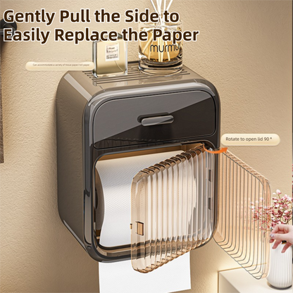 Black No-Drill Wall Mounted Toilet Paper Holder with Storage Shelf and Drawer - Waterproof Bathroom Tissue Dispenser for Roll & Face Tissue