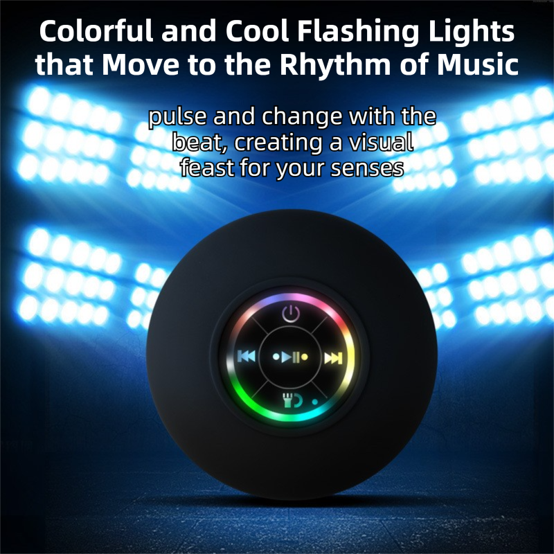 Black IPX4 Waterproof Portable Bluetooth Shower Speaker with Suction Cup & LED Light - Multi-Use As Phone Stand, Built-in Mic for Hands-Free Calling